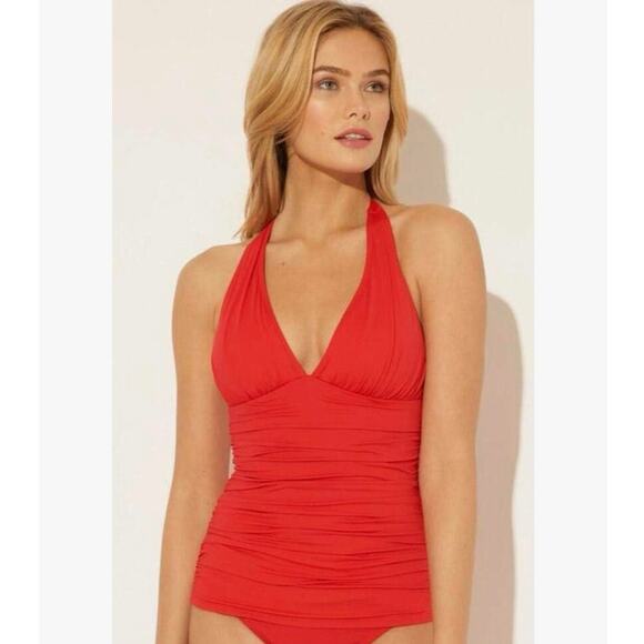 Bleu by Rod Beattie Lined Shirred Kore Halter Tankini Swimsuit Red Size 6 NWT - Picture 1 of 14